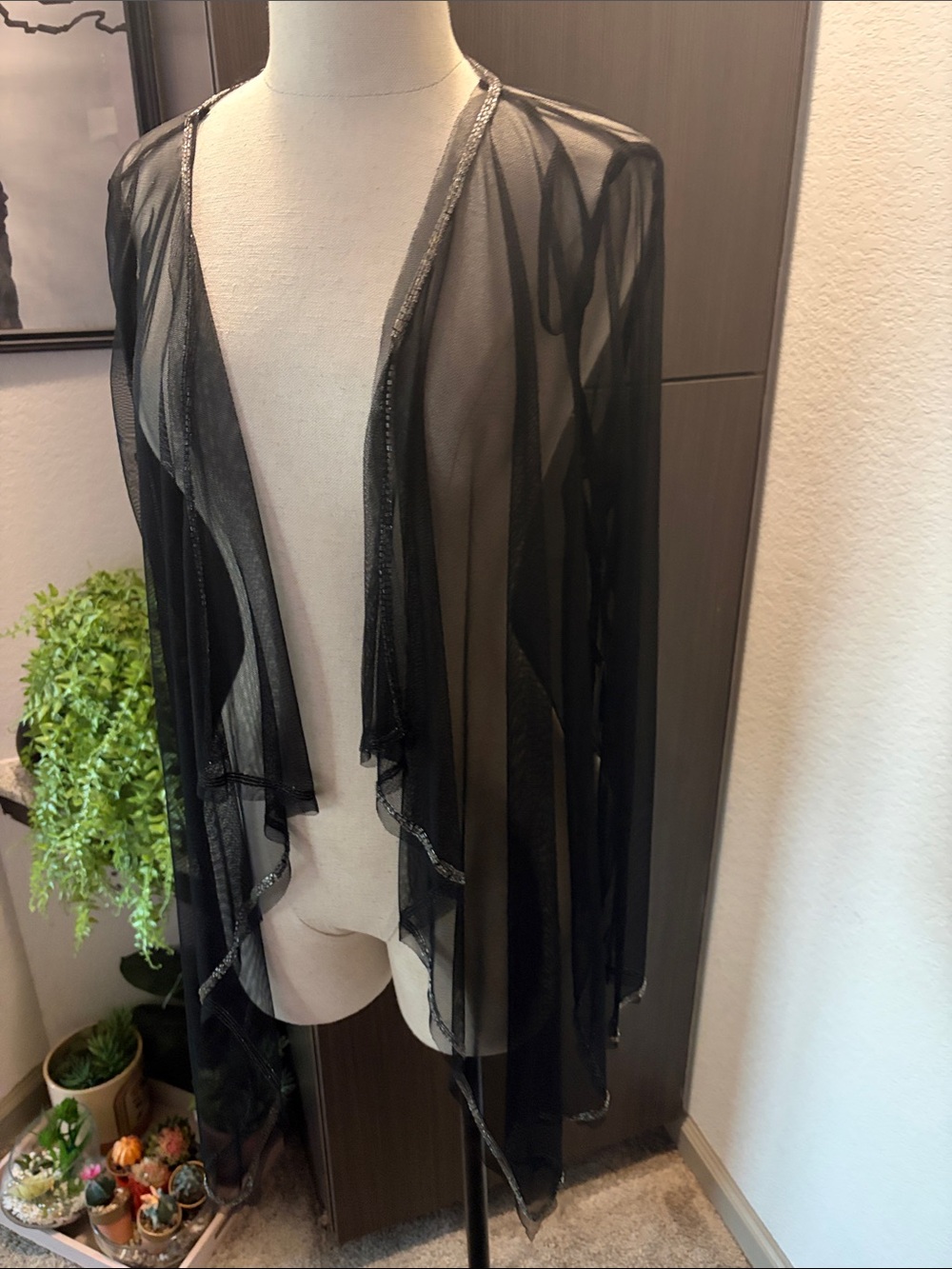 Adrianna Papell Sheer Black Open Drape Cardigan